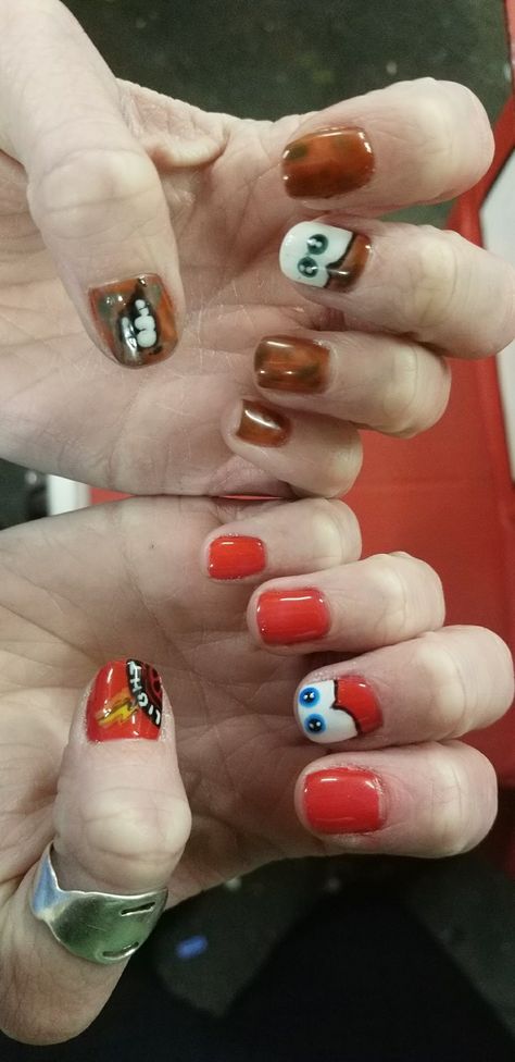 Disney Cars Nail Art, Disney Car Nails, Pixar Cars Nails, Cars Theme Nails, Cars Nails Disney, Lightning Mcqueen Nails, Cars Nails, Pixar Nails, Disneyland Nails