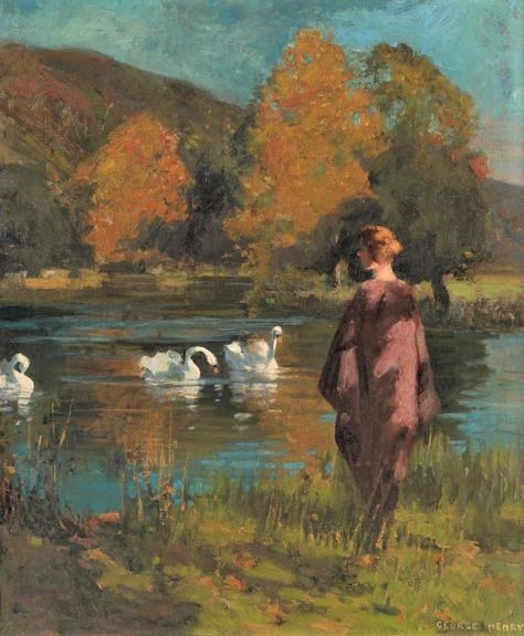 Also join me on my other board: pinterest.ca/SundayBouquets/ George Henry Paintings, Scottish Colourists, Scottish Painting, George Henry, Swan Painting, Oil Painting Inspiration, Scottish Artists, By The Lake, Autumn Painting