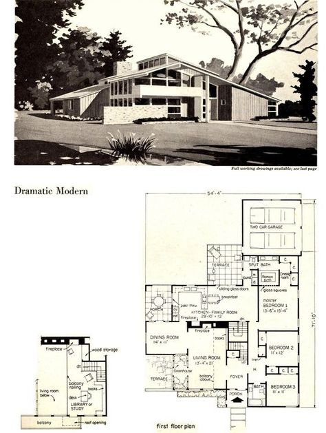 70s Mansion Floor Plan, 70s Mansion Exterior, Mcm Mansion, Mid Century Modern Mansion, Vintage Floorplans, Mid Century House Plans, Sims4 Builds, House Plan Ideas, Usonian House