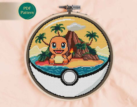 Pokeball terrarium Charmander Cross Stitch Pattern - Counted cross stitch - Charmander Cross Stitch Pattern - Pattern Keeper Compatible Charmander Cross Stitch, Pokeball Terrarium, Fire Type Pokémon, Pokemon Cross Stitch, Pokemon Charmander, Ocean Sunset, Colour Images, Counted Cross Stitch, Cross Stitch Pattern