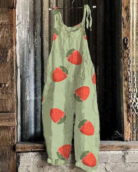 Fruit Clothes, Cute Jumpsuits, Quirky Clothing, Butterfly Skull, Loose Jumpsuit, Green Jumpsuit, Cute Strawberry, Casual Jumpsuit, Printed Jumpsuit