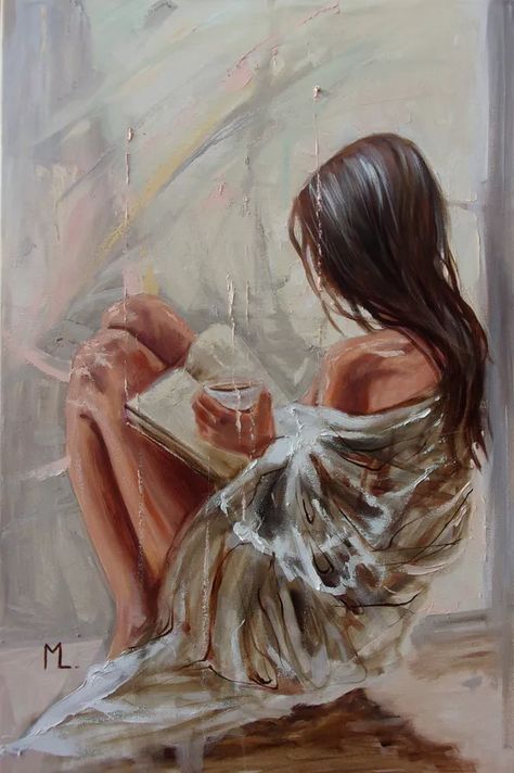 Monika Luniak, Oil Painting Woman, Book Coffee, 2024 Art, Painting Woman, Woman Reading, Angels And Demons, Painting Gift, Ethereal Art