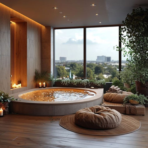 Indoor Jacuzzi Bathroom, Indoor Spa Room Jacuzzi, Elegant Master Bathrooms Luxury, Home Jacuzzi, Jacuzzi Area, Master Bathrooms Luxury, Interior Decor Aesthetic, Home Spa Room, Indoor Jacuzzi