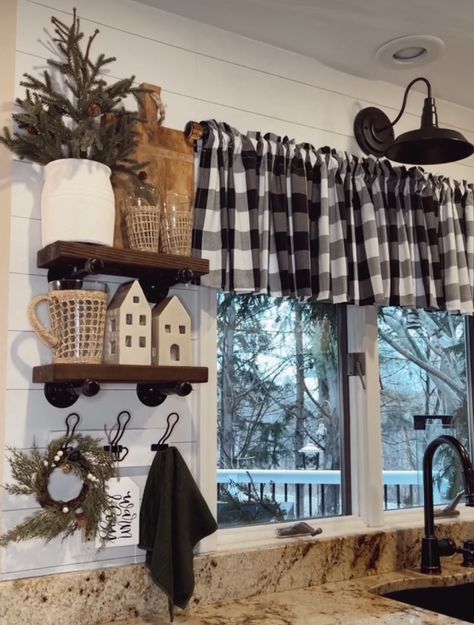 Farmhouse Kitchen Window Decor, Buffalo Plaid Kitchen, Farm Decorations, Farm Style House, Farmhouse Kitchen Inspiration, Manufactured Home Remodel, Window Curtains Living Room, Diy Kitchen Renovation, Budget Home Decorating