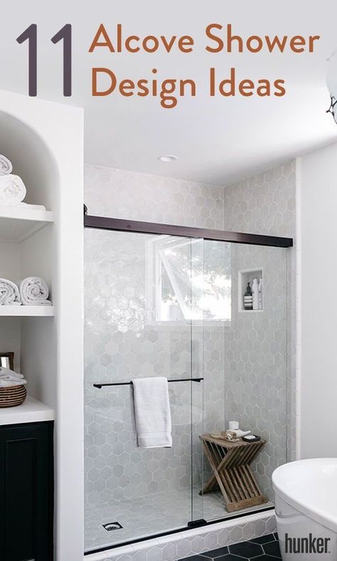 Alcove showers allow for glass, tile, hardware and decor to really shine through, so you can (and should!) add some personality to your bathroom! Get inspired by these 11 ideas. Shower Design Ideas, Basement Redo, Small Bathroom With Shower, Bath Redo, Shower Columns, White Bath, Rustic Bathrooms, Shower Tile Designs, Downstairs Bathroom