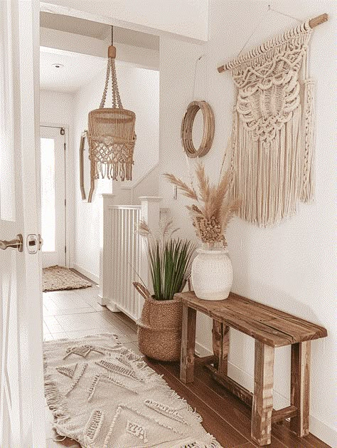 15 Boho Hallway Decor Ideas That Are Simply Enchanting Boho Style Staircase, Rustic Boho Entryway, Corridor Decoration Ideas Home, Boho Entryway Decor, Stairway Hallway Decor, Modern Boho Hallway, Boho Hallway Wall Decor, Bohemian Wall Decor Ideas, Wooden Wall Hanging Ideas