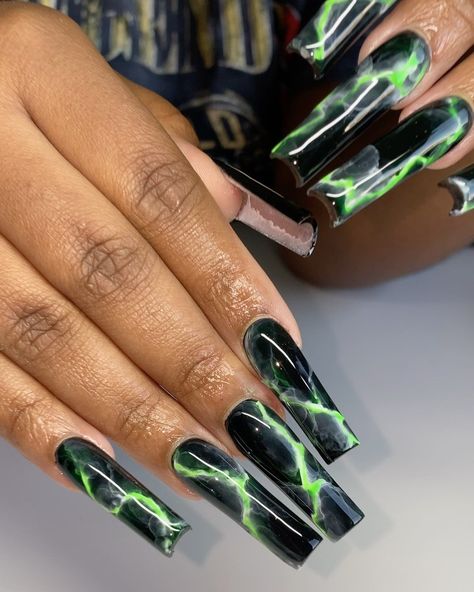 Good Nails Aint Cheap! on Instagram: “Green Lightening🧪⚡️ Should I post the process of this set?!🤔🤩 using xxl square tips and topcoat from @shop.lekaycollection #greennails…” Long Square Green Acrylic Nails, Long Black And Green Acrylic Nails, Shego Acrylic Nails, Green Xl Acrylic Nails, Slime Green Nails Acrylic, Green Acrylic Nails, St Patricks Day Nails, Black Acrylic Nails, Hippie Nails