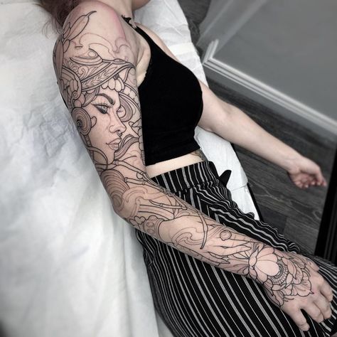 Sleeve Concepts Tattoo Women, Greek Goddess Sleeve Tattoos For Women, Artemis Sleeve Tattoo, Greek Mythology Sleeve Women, Greek God Tattoo Women, Greek Goddess Sleeve Tattoo, Goddess Inspired Tattoo, Greek Sleeve Tattoos For Women, Persephone Sleeve Tattoo