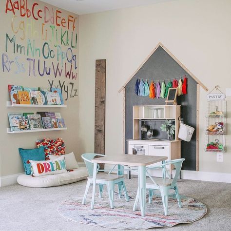 DECK THE WALLS! 👏 It may be cold outside, but it's the perfect time to take the walls up a notch. We love this sweet playroom. @queenofthebeehive combined our uppercase and lowercase alphabet decals to make this fun wall! Playroom Paint, Colorful Playroom, Basement Playroom, Nursery Trends, Girls Playroom, Toddler Playroom, Kids Playroom Decor, Playroom Wall Decor, Childrens Playroom