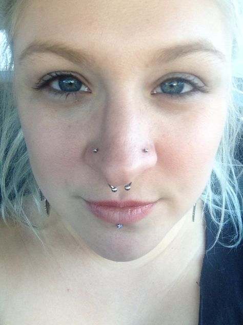 Double nostril stud, septum, labret  #piercing #piercings #septum #labret Labret And Nose Piercing, Labret Piercing Stud, Labret Piercing Ring, Septum Labret, Double Nostril, Nostril Stud, Piercings Septum, Double Nose Piercing, Piercing Inspiration