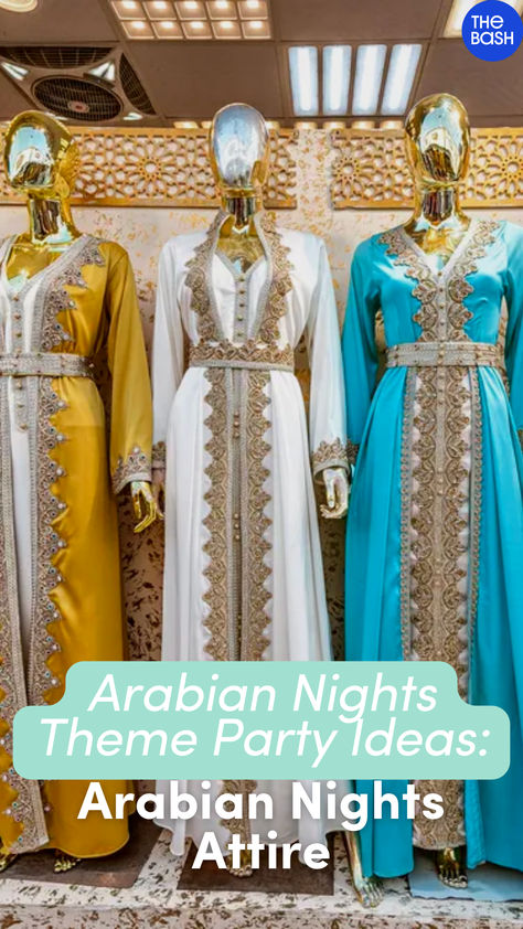 Save yourself the first-class flights on Emirates Airlines and celebrate with an Arabian nights theme party and start with ideas like dressing the part! ✨ Find more Enchanting Ideas for an Arabian Nights Theme Party here! 🎉 #thebash #arabiannights party #arabiannightthemeparty #arabiannightbirthday #arabiannightsdinnerparty #aladdin #aladdinparty #disneyparty #middleeasterntradition #traditionalparty #hummus #aladdianthemedparty Arabian Night Outfit Ideas, Arabian Nights Theme Party Outfit, Arabian Theme Party Outfits, Arabic Theme Party Outfit, Arabian Nights Party Outfit Women, Arabian Nights Outfit, Arabian Theme Party, Arabian Nights Dress, Arabian Nights Theme Party