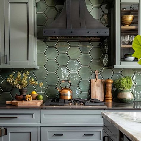 11+ Fresh Kitchen Backsplash Tile Ideas in Green • 333+ Art Images Kitchen Green Backsplash Ideas, Green Backsplash White Cabinets, Mosaic Kitchen Backsplash Ideas, Green Tile Backsplash Kitchen, Green Kitchen Tiles Backsplash, Kitchen With Green Backsplash, Green Backsplash Kitchen, Green Hexagon Tile, Backsplash Tile Ideas