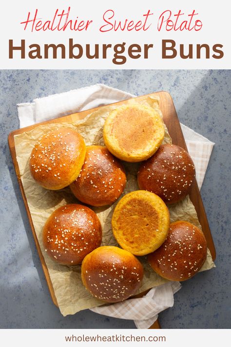 These sweet potato buns are made healthier with fresh and nutritious whole wheat flour. They are so good for burgers, fried chicken sandwiches and pulled pork sandwiches. Sweet Potato Bun, Gluten Free Hamburger Buns, Potato Bun, Potato Buns, Fried Chicken Sandwiches, Whole Wheat Rolls, Sweet Potato Buns, Pulled Pork Sandwiches, Pork Sandwiches