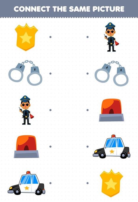 Education game for children connect the same picture of cute cartoon police set printable profession worksheet Police Worksheets Preschool, Police Officer Preschool, Police Worksheet, Police Activities For Kids, Police Activities For Preschool, Police Party Ideas Kids, Lkg Activities, Kids Vet Clinic, Police Activities