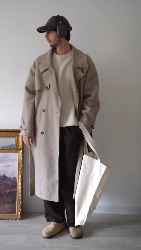 Winter Coat Outfits Men, Brown Coat Outfit Casual, Winter Outfits Men Korean, Winter Male Outfits, Hazelnut Aesthetic, Winter Outfits Cold Aesthetic, Men Winter Outfits Cold Weather, Male Winter Outfits, Men Fall Outfits Casual