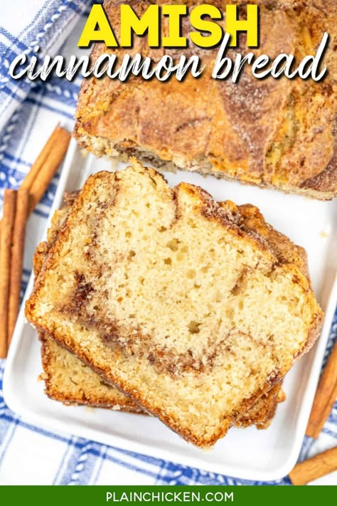 Amish Cinnamon Bread Recipe— a super easy quick bread with no yeast, no kneading, and no starter needed! It's perfectly soft, moist, and swirled with just the right amount of cinnamon sweetness. Topped with a crumbly cinnamon-sugar crust, each bite is a melt-in-your-mouth experience. Perfect for breakfast with coffee, as an afternoon snack, or a sweet treat anytime. Amish Cinnamon Bread, Diy Bread, Amish Bread, Cinnamon Bread Recipe, Amish Friendship Bread, Cinnamon Honey Butter, Friendship Bread, Cinnamon Swirl Bread, Strawberry Bread