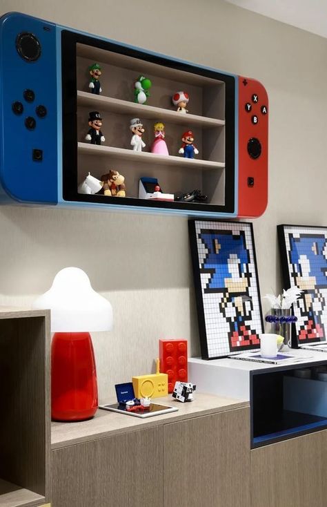 Pokemon Game Room, Pokémon Bedroom Ideas, Mario Bros Bedroom, Boys Video Game Bedroom, Gamer Kids Bedroom, Preteen Boys Room, Nintendo Room, Gamers Room, Pokemon Bedroom