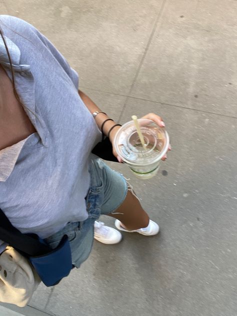 Walking On The Street Aesthetic, Walking Selfie Aesthetic, Walking With Coffee Aesthetic, Coffee Walks Aesthetic, Coffee Aesthetic Outfit, Walking Selfie, Nyc Walking, Coffee Walk, Walking Pictures