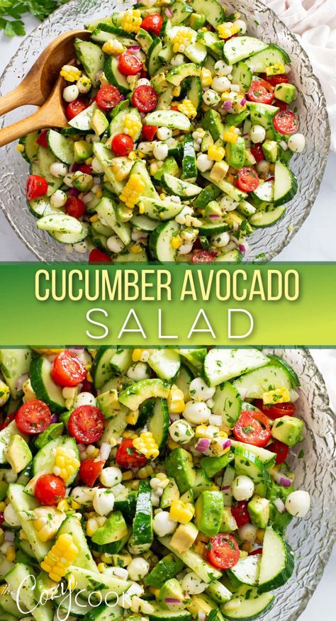 This Cucumber Avocado Salad has fresh cucumbers, avocados, tomatoes, corn, and mozzarella pearls tossed in the best homemade dressing! It makes the best summer side dish recipe for a potluck or BBQ! Fresh Veggie Meals, Cucumber Salad Low Calorie, Side Dish Salad Recipes, Bbq Party Side Dishes, Side Salads For Dinner, Cucumber Side Dishes, Fresh Cucumber Recipes, Avocado Tomato Cucumber Salad, Easy Side Dishes For Bbq