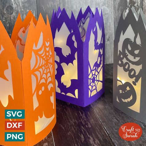 HCC 2022 Day 03 🎃 Halloween Luminaries (Paper Lanterns) - Craft with Sarah Cricut Scoring Stylus, Halloween Luminaries, Raven Design, Battery Powered Candles, Halloween Lantern, Lantern Craft, Bat Design, Halloween Lanterns, Ghost Design