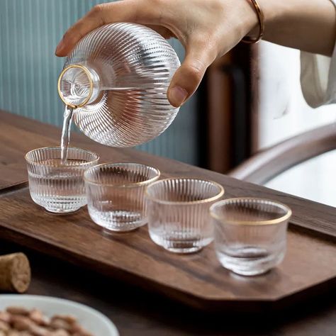 Ribbed Sake Drinking Set - Muji Inspired | Glasscias Bar Deco, Sake Bottle, Sake Cup, Sake Set, Japanese Sake, Wine Set, Cup Set, Glass Texture, Drinking Glasses