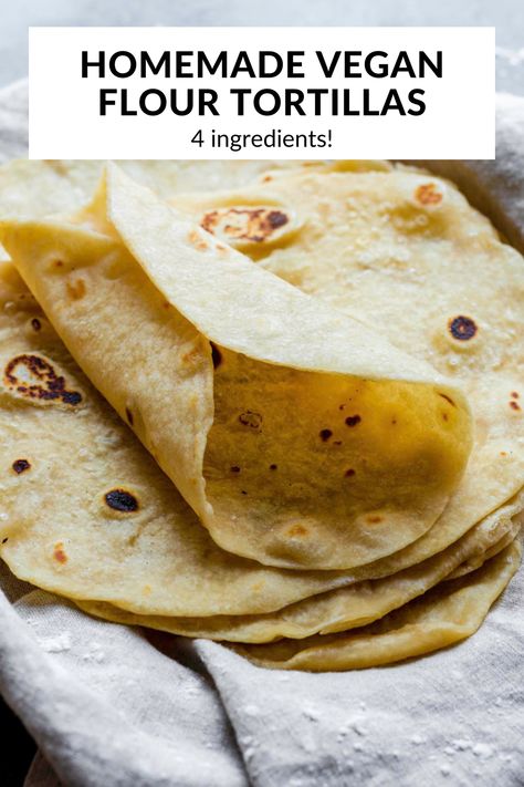 This Vegan Flour Tortilla Recipe is easy to make with just 4 basic ingredients! They turn out soft, fluffy, and bursting with flavor. Homemade flour tortillas are perfect for wraps, burritos, quesadillas, enchiladas, and more! Once you make your own tortillas, there is no going back! Vegan Flour, Vegan Tortillas, Vegan Tortilla, Homemade Flour, Recipes With Flour Tortillas, Homemade Corn Tortillas, Homemade Flour Tortillas, Whole Wheat Tortillas, Tortilla Recipe