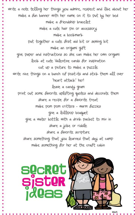 Secret Sister ideas- We did Secret Santa in 2nd grade and the girls loved it! I'm  repinning to remember for 5th grade. I like calling it Secret Sisters, too. (That way we are not inclined to do it around Christmas when it's already busy for everyone.) Secret Sister Gift Ideas, Yw Camp Ideas, Secret Sister Ideas, Lds Girls Camp, Girls Camp Ideas, Sister Ideas, Sister Gift Ideas, Secret Sister Gifts, Young Women Ideas