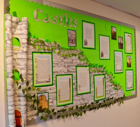 A Castles display for our Towers, Tunnels and Turrets topic. Castle Display Board, Castle Display Ks1, Eyfs Castles, Castles Eyfs, Castles Ks1, Castle Activities, Knights And Castles Topic, Castle Theme Classroom, Castle Display