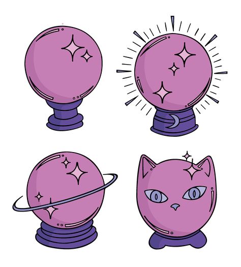 Custom crystal ball illustrations created to be used as twitch badges by The Lauracle. Hand drawn & coloured in Adobe Illustrator. #crystalball #illustration #magic #cat #witch Crystal Ball Illustration, Magic Crystal Ball, Stream Ideas, Crystal Illustration, Ball Illustration, Twitch Badges, Magic Cat, Prop Design, Crystal Ball