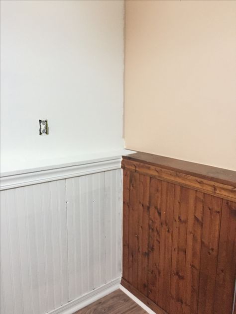 Old House Paneling, Painted White Wood Paneling, Painted Wooden Panel Walls, Half Wood Wall Bedroom, Half Wall Paneling Paint Ideas, Old Wood Walls Makeover, Partial Paneled Walls, Wood Paneling Makeover Half Wall, Painting Half Paneling Walls