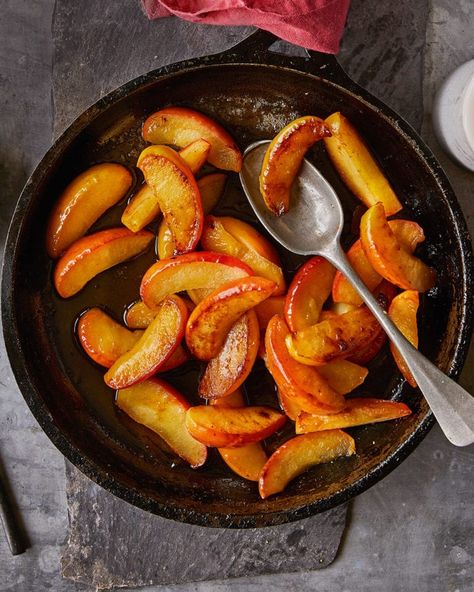 Easy caramelised apples | delicious. magazine February Recipes, Apple Pudding, Caramelized Peaches, Dark Chocolate Recipes, Caramelized Apples, Welsh Recipes, Baking Treats, Caramelised Apples, Pancake Toppings