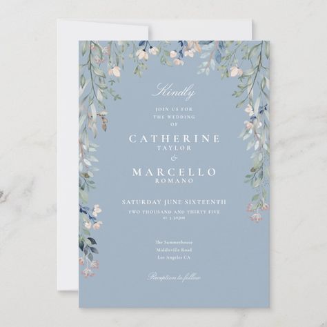 Dusty Blue Wildflowers Watercolor Floral Wedding Invitation Wildflowers Watercolor, Wedding Invitation Message, Blue Wildflowers, Wedding Invitation Size, Business Invitation, White Typography, Watercolor Floral Wedding Invitations, Greenery Wedding Invitations, Tahoe Wedding