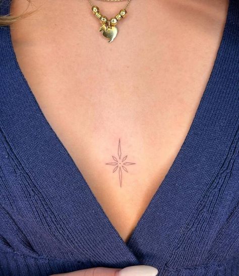 Tattoo Sternum, North Star Tattoos, Sternum Tattoo Design, Small Chest Tattoos, Star Tattoo Designs, Handpoke Tattoo, Star Tattoo, Chest Tattoos For Women, Petite Tattoos