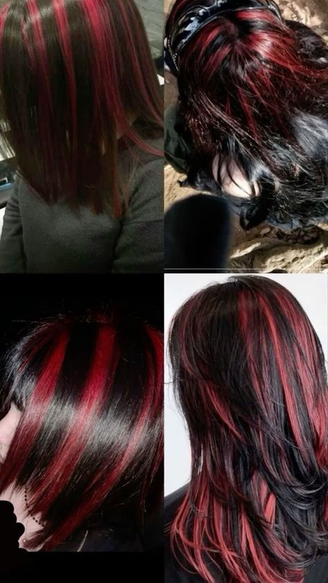 Black And Red Striped Hair, Red Skunk Hair, Red And Black Hair Ideas, Lip Liner Looks, Black Lip Liner, Black And Red Hair, Liner Looks, Skunk Hair, Red Hair With Highlights