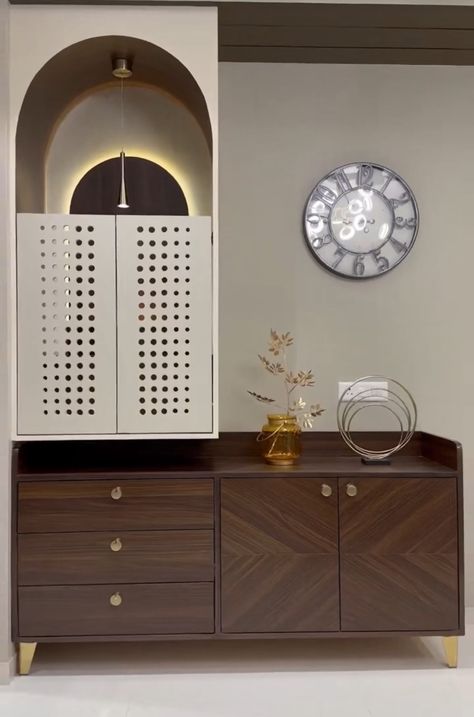 Puja Cabinet In Living Room, Office Puja Unit, Office Pooja Unit, Mandir With Study Table, Open Temple Design For Home, Pooja Room In Bedroom Ideas, Wall Pooja Unit, Crockery With Pooja Unit, Crockery With Pooja