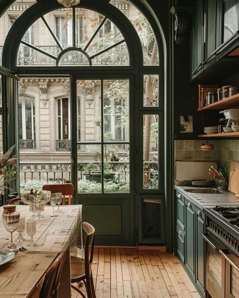 Tiny Studio Apartments, Parisian Home Decor, Townhouse Interior, Parisian Interior, Dark Kitchen, Enchanted Home, London House, Parisian Apartment, Dark Kitchen Cabinets