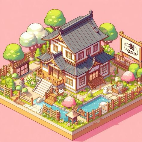 Japanese Isometric Art, Isometric Japanese House, Japanese Building Art, Isometric Game Art, Isometric Architecture, Isometric Island, Basic Animation, Isometric House, Chinese Hotel