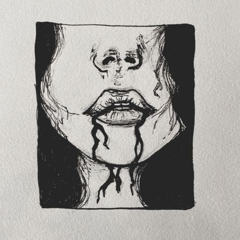 graphic pen sketch of a girl bleeding through her mouth. Drawing Ideas Gothic Art, Cool Gothic Drawings, Dark Outline Drawing, Gothic Tattoo Sketch, Gothic Sketches Drawing, Gothic Art Sketch, Black Pen Drawing Aesthetic, Y2k Art Grunge, Messy Pen Art