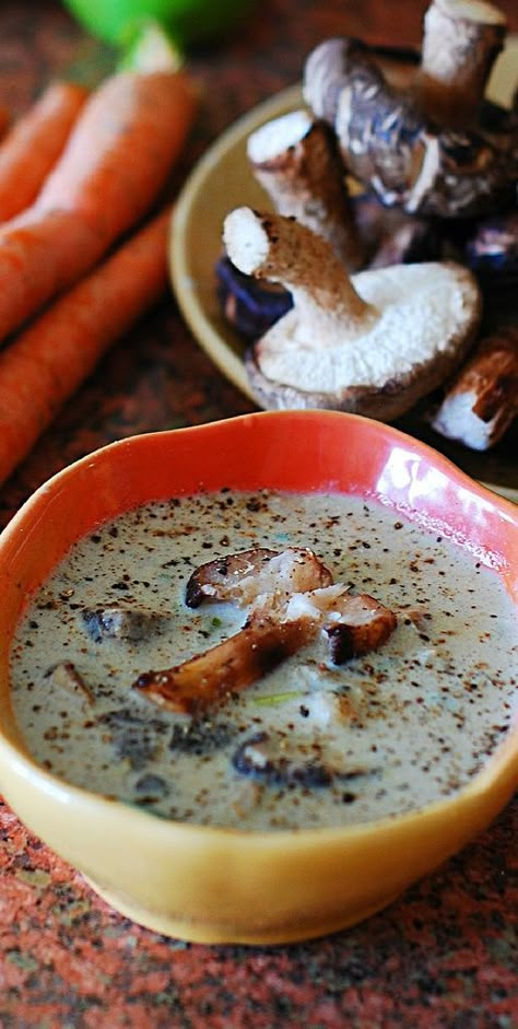 Creamy wild mushroom soup with Shiitake mushrooms. The creaminess in this soup comes from pureed mushrooms, not heavy cream. Low-fat Cream of mushroom soup | JuliasAlbum.com Shiitake Mushroom Soup, Wild Mushroom Soup, Creamy Mushroom Soup, Mushroom Soup Recipes, Shiitake Mushrooms, Wild Mushroom, Savory Soups, Creamy Mushrooms, Think Food