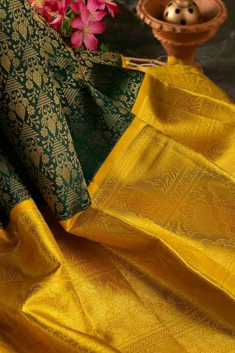 Yellow With Green Silk Saree, Kanchipuram Silk Saree Wedding Green, Dark Green Pattu Saree Wedding, Bottle Green Kanjivaram Saree Silk, Yellow Kanjivaram Saree Silk, Yellow Silk Saree Wedding, Yellow Green Saree, Dark Green Silk Saree, Yellow Blouse Designs