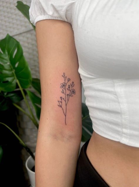 Stem Of Flowers Tattoo, Instagram Bio Ideas With Age, Arm Tatooes Ideas Woman, Flower Tattoos For Women Arm, Consider The Wildflowers Tattoo, Forget Me Not Flowers Tatoos, Arm Flower Tattoos For Women, Tiny Wrist Tattoos For Women, Simple Floral Tattoo