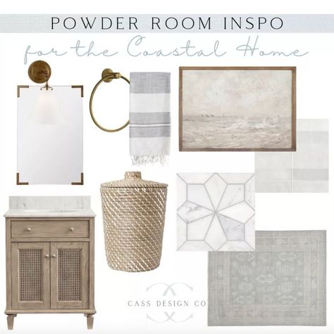 Costal Living Bathrooms, Bathroom Decor Coastal Style, Coastal Calm Bathroom, Transitional Coastal Bathroom, Beach House Powder Room Ideas, Coastal Marble Bathroom, Coastal Modern Powder Room, Coastal Cottage Powder Room, Powder Room Mood Board Inspiration