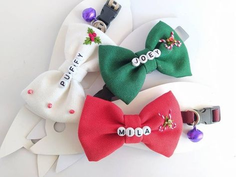 Diy Christmas Dog Collar, Cat Collars Diy, Christmas Cat Collar, Handmade Dog Accessories, Christmas Collar, Ribbon Collar, Embroidered Cat, Collars Diy, Christmas Dog Collar