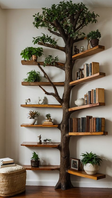 Transform your bedroom into a grunge-inspired sanctuary with DIY Tree Branch Shelves Elevate your space with floating corner wall brackets bringing a touch of nature indoors Discover step-by-step tutorials on plant wall shelves and create your own Tree-Branch Shelf masterpiece today Tree Shaped Bookshelf Diy, How To Build A Tree Bookshelf, Diy Tree Art Wall Decor, Rustic Hanging Shelves, Tree Bookcase Diy, Diy Bookshelf On Wall, Tree Shelves Diy, Tree Bookshelf Corner, Homemade Shelving Ideas