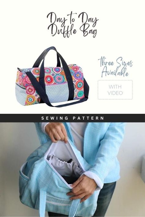 Day to Day Duffle Bag sewing pattern in three sizes from Ellie and Mac. This large bag is perfect to sew and carry everyday for the lady who needs more space to carry more stuff. Great to sew as a gym bag or weekend bag sewing pattern. This diy carryall tote bag can be your everyday purse to sew for work too. SewModernBags Holdall Bag Pattern Free, Free Duffel Bag Sewing Pattern, Free Duffle Bag Sewing Patterns, Gym Bag Diy, Duffle Bag Tutorial, Stall Display, Sewing Videos, Wallet Sewing Pattern, Ellie And Mac