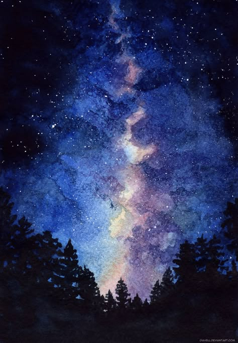 Milky Way Drawing, Watercolour Polaroid, Milky Way Painting, Watercolor Night Sky, Galaxy Drawings, Colouring Drawing, Inspo Drawing, Planet Painting, Beach Wall Collage