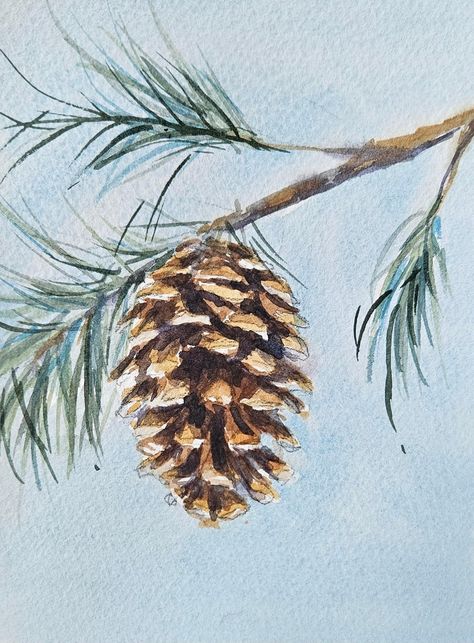 Pine Cone Painting On Canvas, Pinecone Drawing, Pine Cone Painting, Pinecone Watercolor, Watercolor Pinecone, Bow Art, Pine Cone Art, Painting Snow, Christmas Card Art