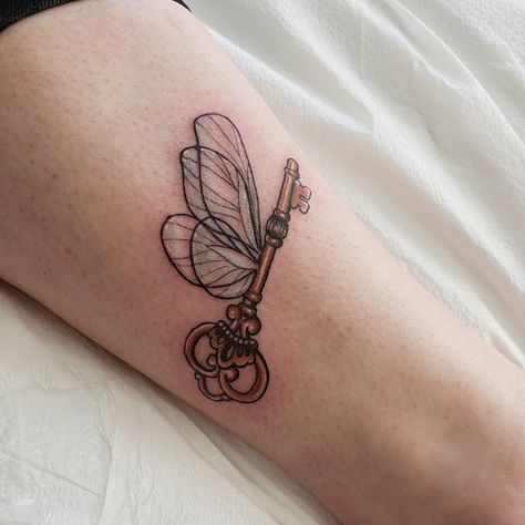 Whether you want a tiny Deathly Hallows symbol or a massive Hogwarts sleeve, let these Harry Potter tattoos inspire your own ink ideas. Key With Wings Tattoo Harry Potter, Harry Potter Tattoos Key, Winged Keys Harry Potter Tattoo, Harry Potter Keys With Wings Tattoo, Harry Potter Winged Key Tattoo, Key Harry Potter Tattoo, Flying Keys Harry Potter Tattoo, Harry Potter Flying Key Tattoo, Key With Wings Tattoo