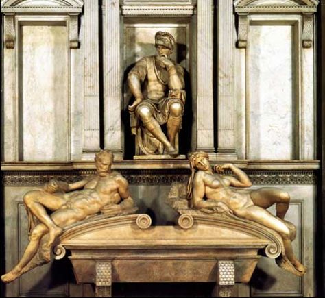 Michelangelo Sculptures:-The Medici Chapel Statues. 1520-1534, San Lorenzo, Florence. - This monumental work was a combination of Michelangelo's skills in architecture and sculpture. It had long been an ambition of the artist to utilize these skills within the same artistic framework and his work in the Medici Chapel realized that ambition. - The Tomb of Lorenzo, with the male Dusk and female Dawn. Lorenzo Medici, Medici Chapel, Michelangelo Sculpture, Michelangelo Paintings, Italian Sculptors, Most Famous Artists, Ivy House, Dawn And Dusk, Sistine Chapel