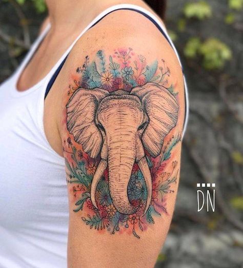 Elephant tattoo on the left upper arm. Tattoo Artist: Dino Nemec Elephant Thigh Tattoo, Cute Elephant Tattoo, Elephant Tattoo Design, Geniale Tattoos, Elephant Tattoo, Thigh Tattoos Women, Elephant Tattoos, Tattoo Trends, Nature Tattoos